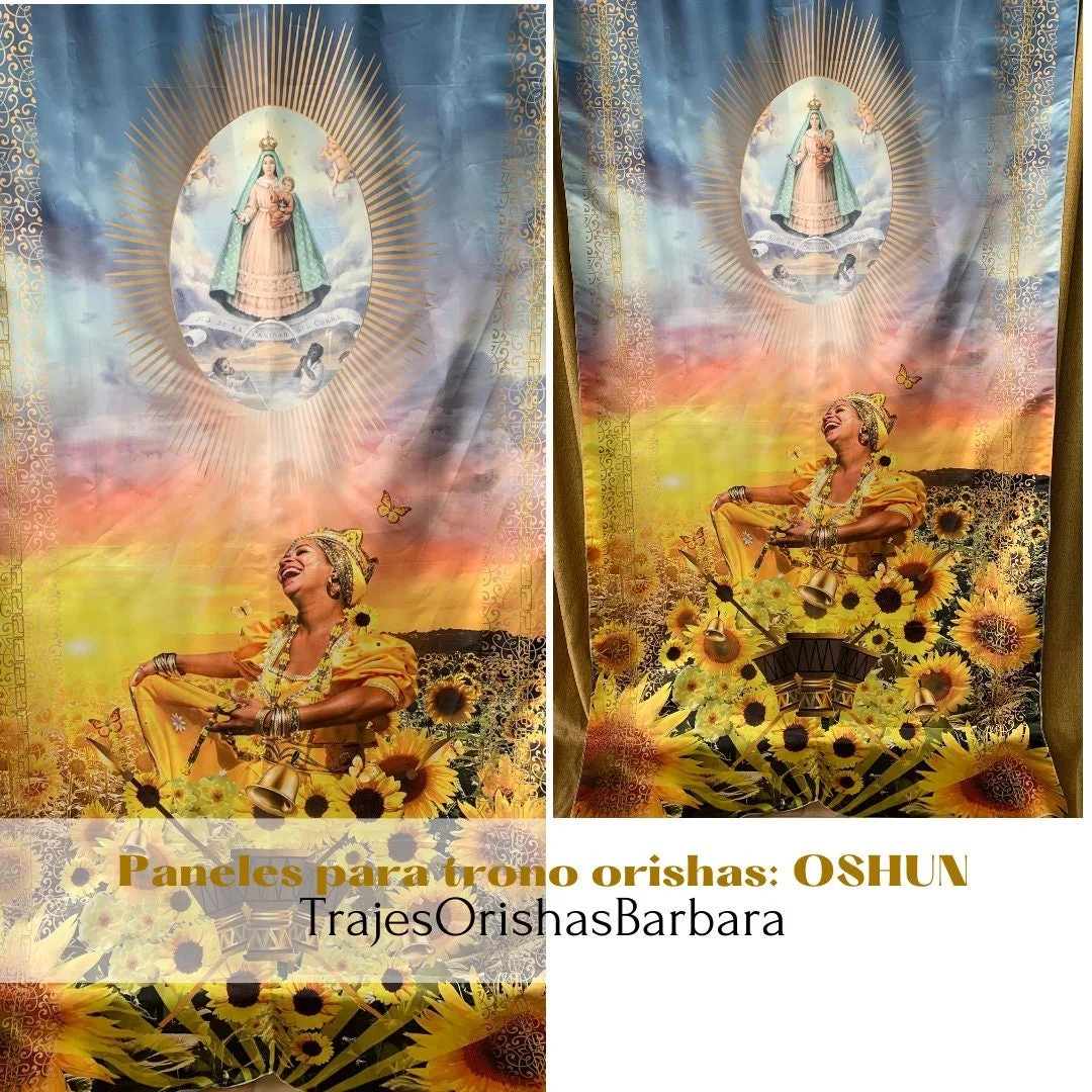 OSHUN y la CARIDAD. Paneles para trono de OSHUN. Paneles de pared. Paneles Orishas para decorar. Tamaño de 110 pulgadas por 57 pulgadas