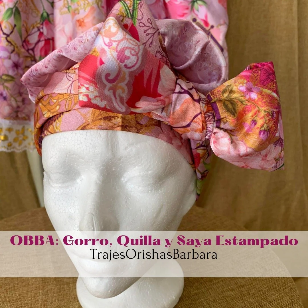 OBBA/Set Obba :Gorro, quilla y saya en Edo "Full print"/Estampado por sublimación/TrajesOrishasBarbara/Miami.