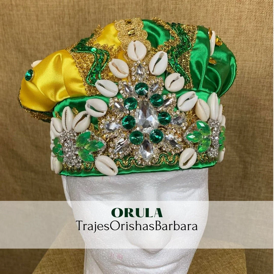 ORULA Majestic/Gorro de santo/Orisha/Satín brocado “Rhinestones”, con apliques de cristal/piedras decorativas/caracoles/TrajeOrishasBarbara