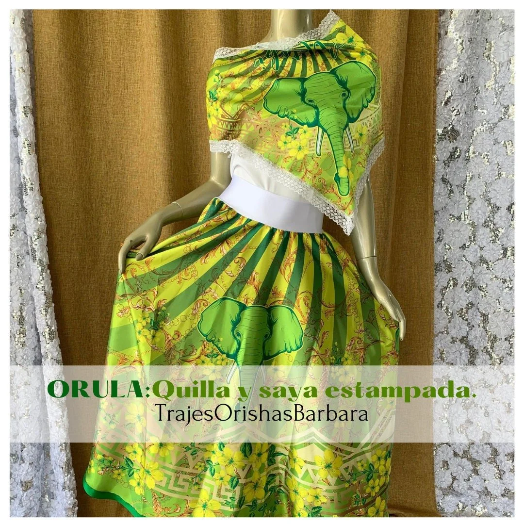 ORULA  Green/Set Orula/Quilla y saya en Edo "Full print"/Estampado por sublimación/Miami.