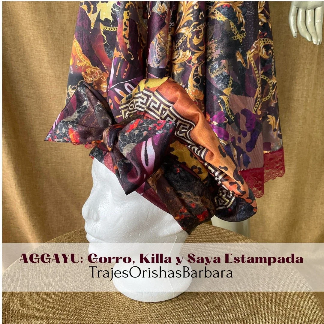 AGGAYU SOLA/Set Aggayu: Gorro, quilla y saya en Edo "Full print"/Estampado por sublimación/Miami.