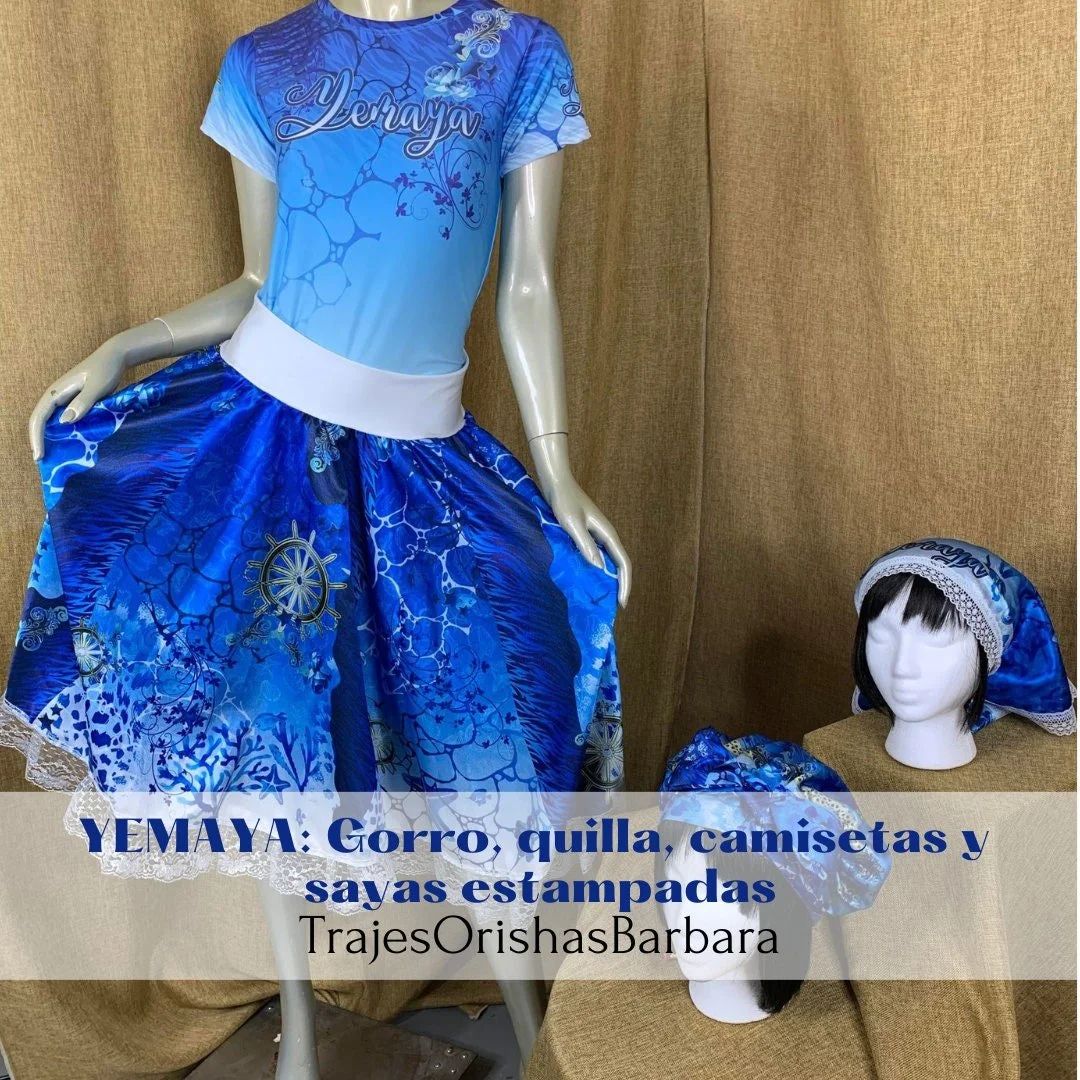 YEMAYA BLUE/Set YEMAYA: Gorro, quilla y saya en Edo "Full print"/Estampado por sublimación/Miami.