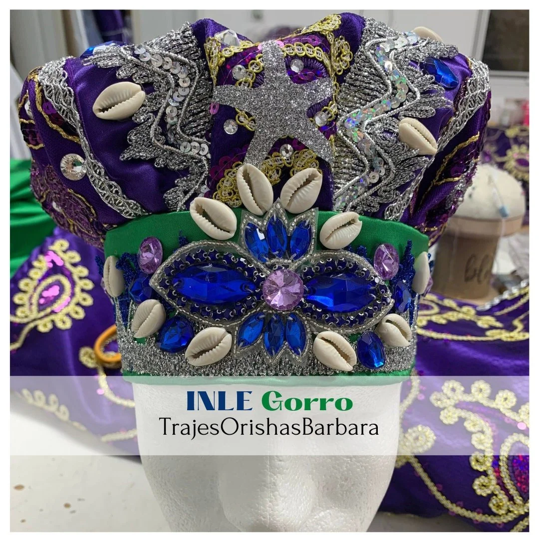 INLE Majestic/Gorro de santo/Orisha/:Gorro en satín brocado “Rhinestones”, con apliques de cristal, piedras decorativas, y caracoles/MIAMI