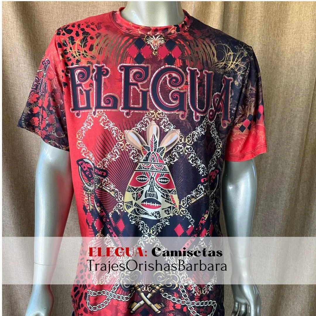 ELEGUA/Camiseta de hombre/Manga corta/Estampado full print por sublimación/Composición 96 Poliéster, 4 Spandex/Tacto seda/Made in Miami