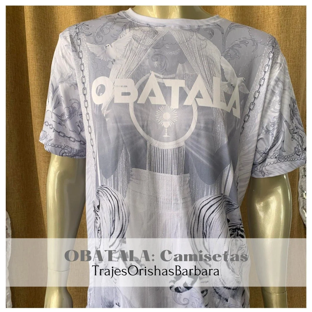 OBBATALA TIGRES/Camiseta de hombre/Manga corta/Edo full print por sublimación/Composición 96 Poliéster, 4 Spandex/Tacto seda/Made in Miami