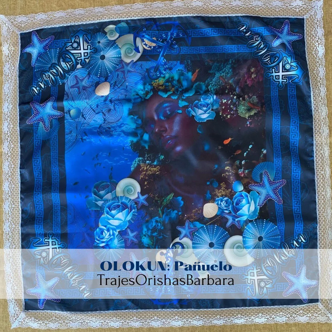 OLOKUN DEEP pañuelo/Olokun handkerchief/Pañuelo/Tamaño 45 x 45 pulgadas full print en satén estampado en sublimación.