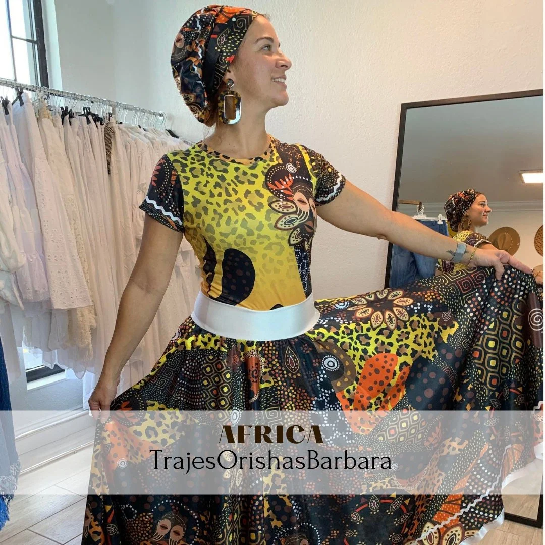 YORUBA/ set/Set Yoruba/Gorro & turbante, pañuelo cabeza, camiseta y saya en Edo "Full print"/Estampado por sublimación/Miami.
