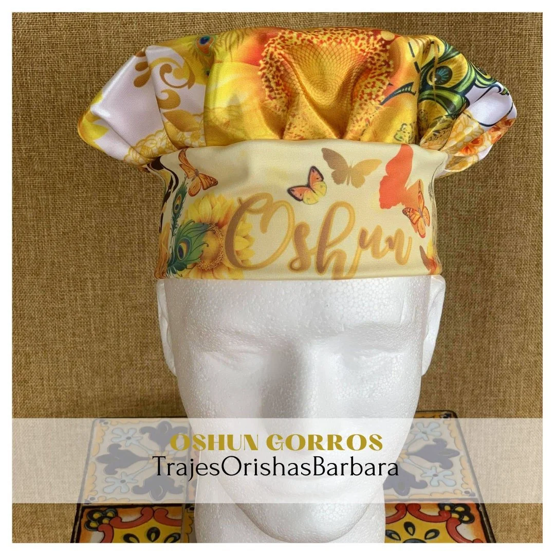 OSHUN/Gorros de Santo/Gorros Orisha/Accesorios para Santo: Gorros estampados por sublimación con dibujos y motivos propios ajustables