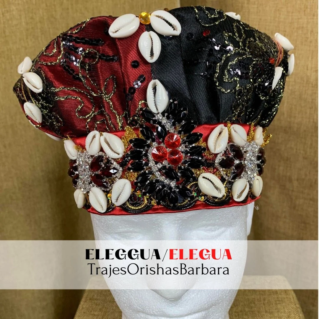 ELEGUA Majestic/Gorro de santo/Orisha/Satín brocado “Rhinestones”, con apliques de cristal/piedras decorativas/caracoles/TrajeOrishasBarbara