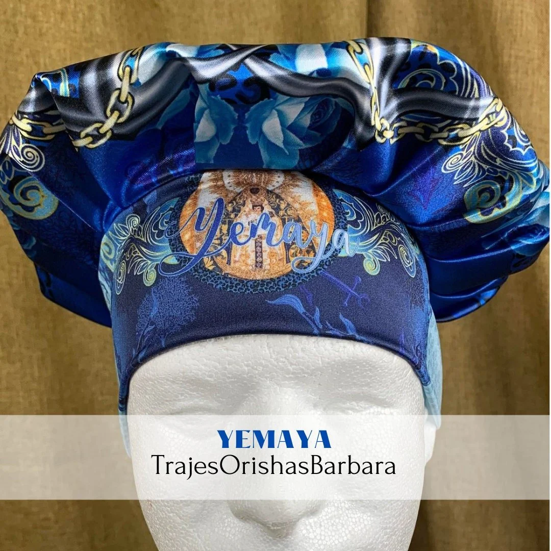 YEMAYA/Lemanjá/ Gorros de Santo/Gorros Orisha/Accesorios para Santo/Estampados por sublimación con dibujos y motivos propios/Ajustables