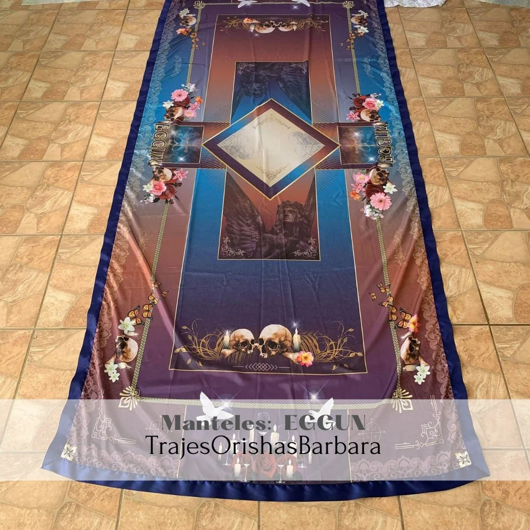 EGGUN. Mantel para los EGGUN. Tamaño 125" de largo por 58 de ancho, para una mesa de 8 pies en satín estampado completo por sublimación.