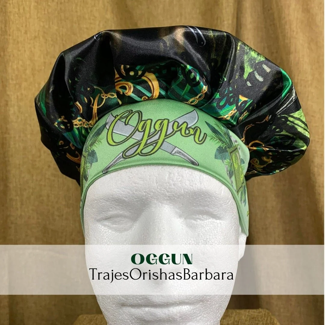 OGGUN/Gorros de Santo/Gorros Orisha/Accesorios para Santo: Gorros estampados por sublimación con dibujos y motivos propios ajustables