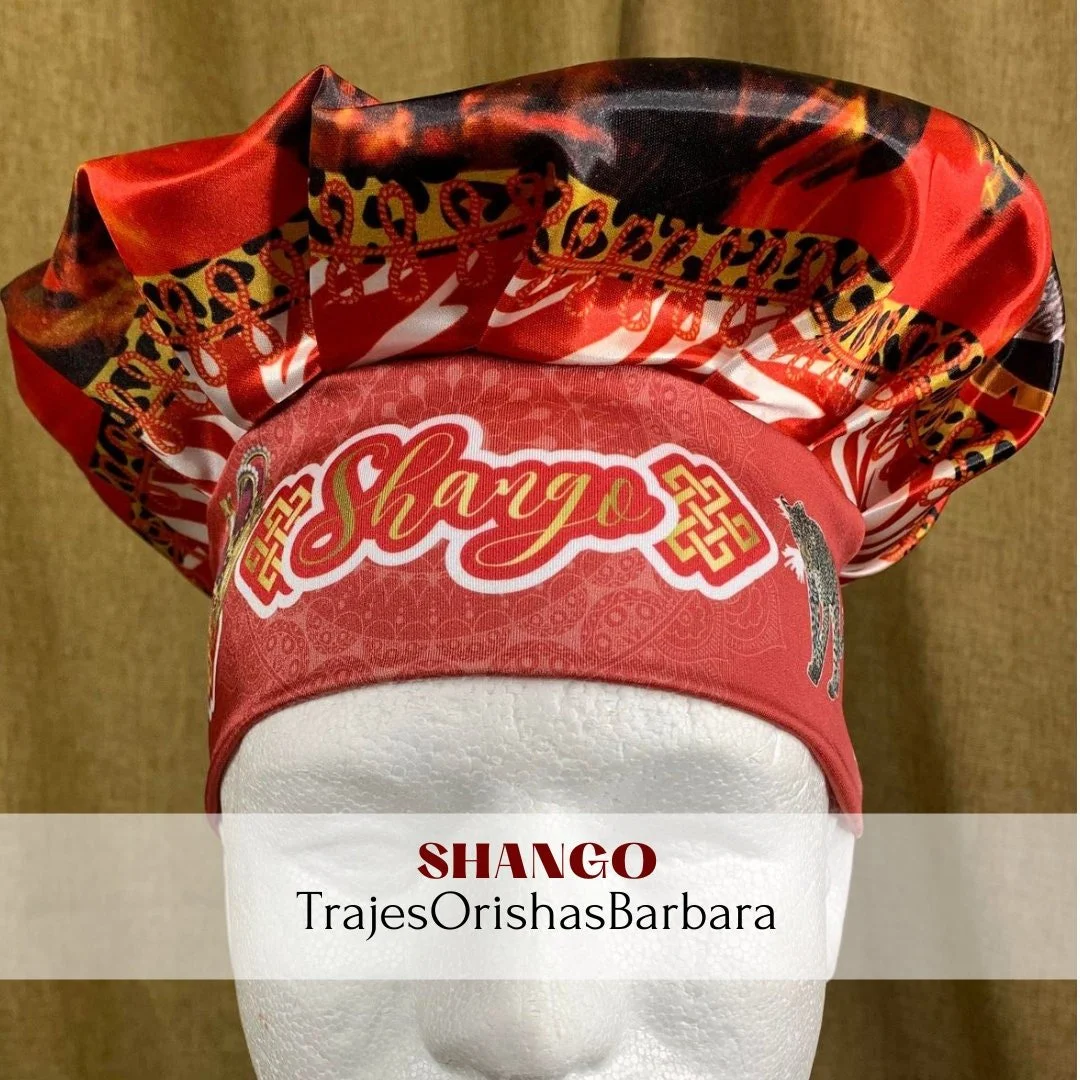 SHANGO/Gorros de Santo/Gorros Orisha/Accesorios para Santo: Gorros estampados por sublimación con dibujos y motivos propios ajustables