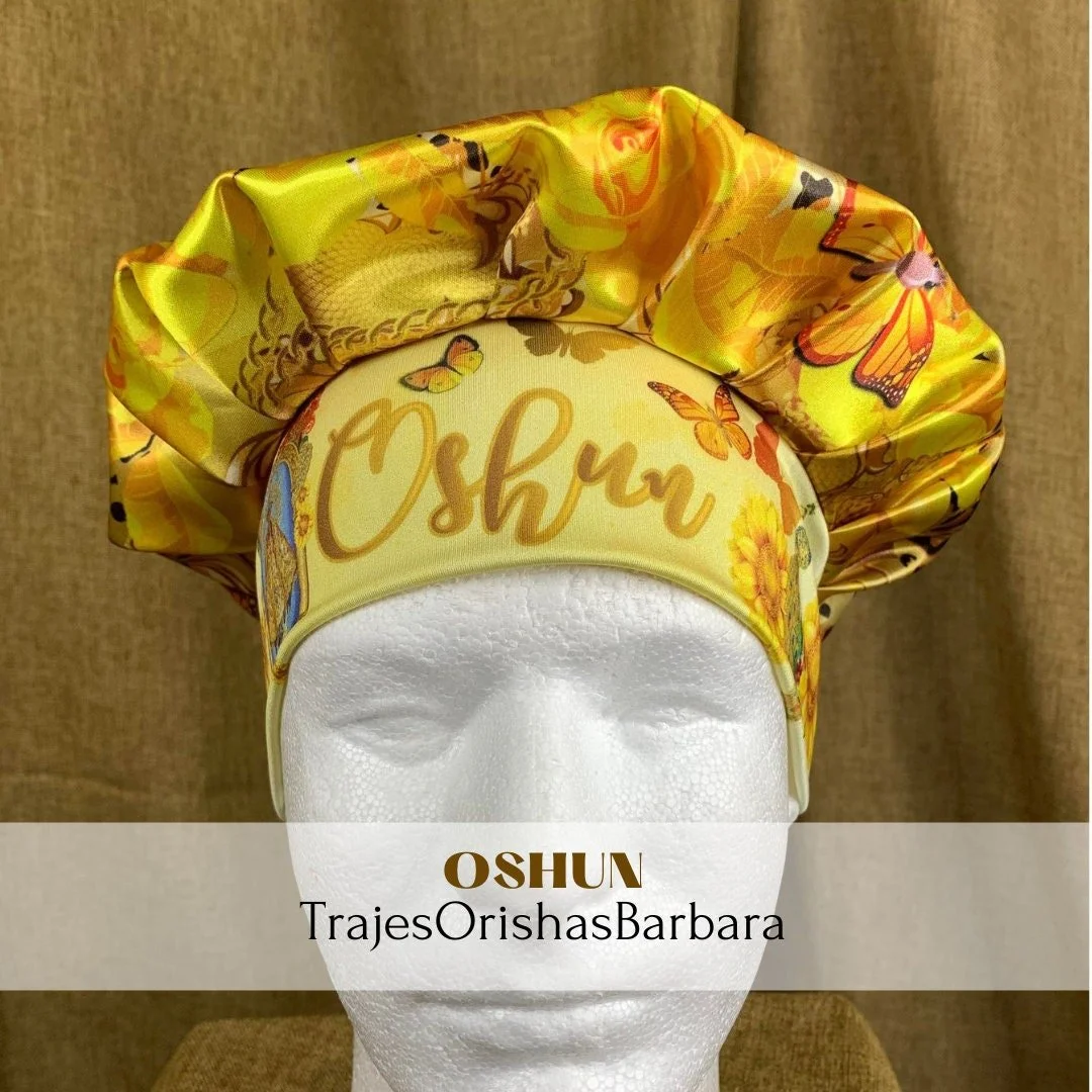 OSHUN/Gorros de Santo/Gorros Orisha/Accesorios para Santo: Gorros estampados por sublimación con dibujos y motivos propios ajustables