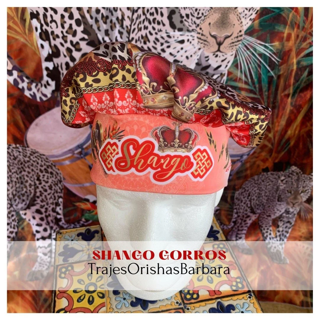 SHANGO/Gorros de Santo/Gorros Orisha/Accesorios para Santo: Gorros estampados por sublimación con dibujos y motivos propios ajustables