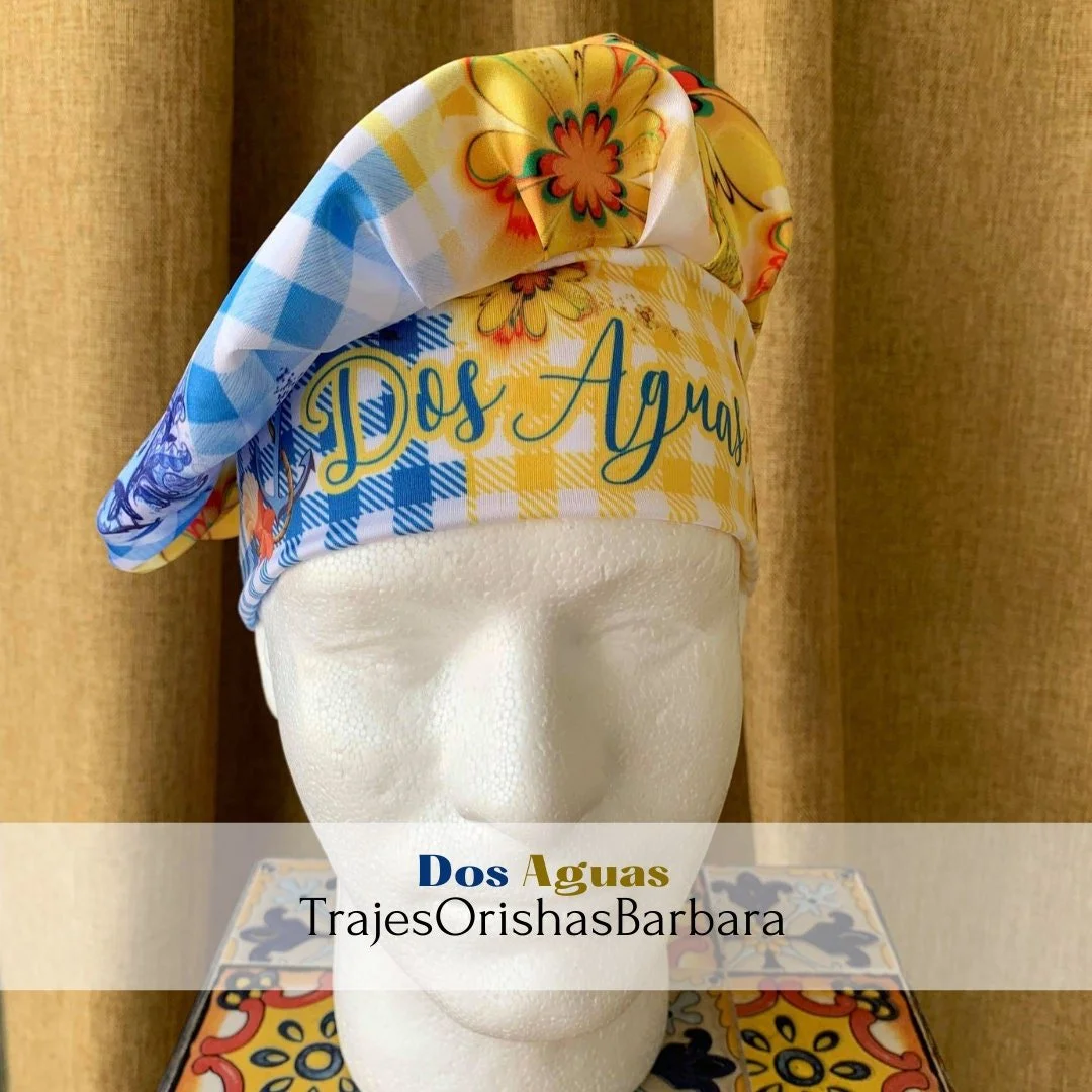 DOS AGUAS/Gorros de Santo/Gorros Orisha/Accesorios para Santo: Gorros estampados por sublimación con dibujos y motivos propios ajustables