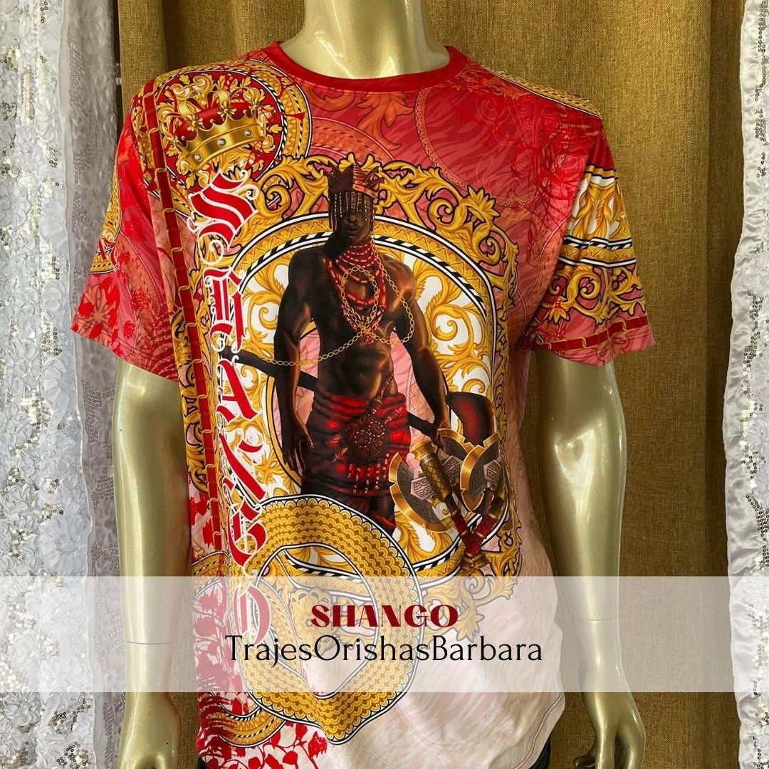 SHANGO Guerrero/Camiseta de hombre/Manga corta/Edo full print por sublimación/Composición 96 Poliéster, 4 Spandex/Tacto seda/Made in Miami
