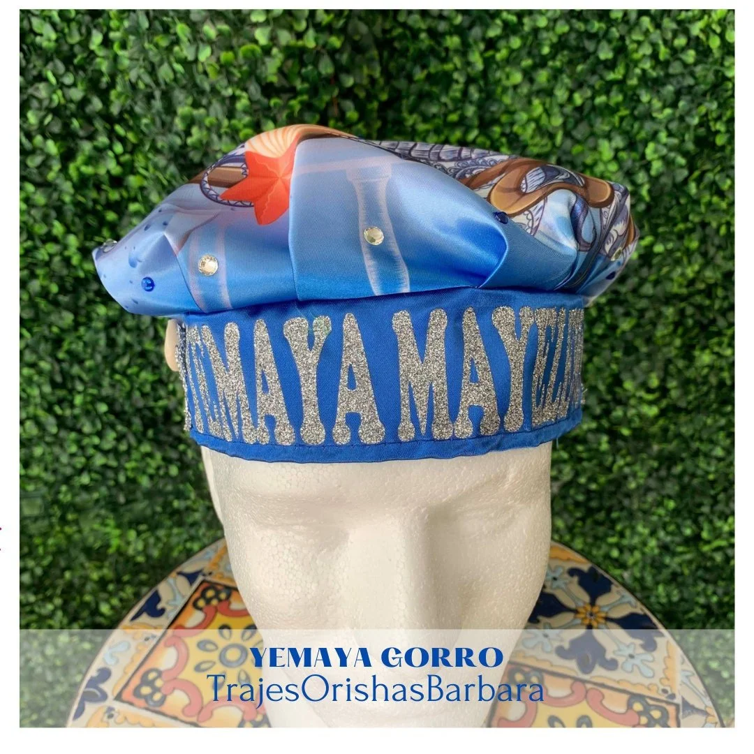 YEMAYA Luxury/Gorros de Santo/Gorros Orisha/Accesorios: Gorros estampados por sublimación con dibujos y motivos propios ajustables