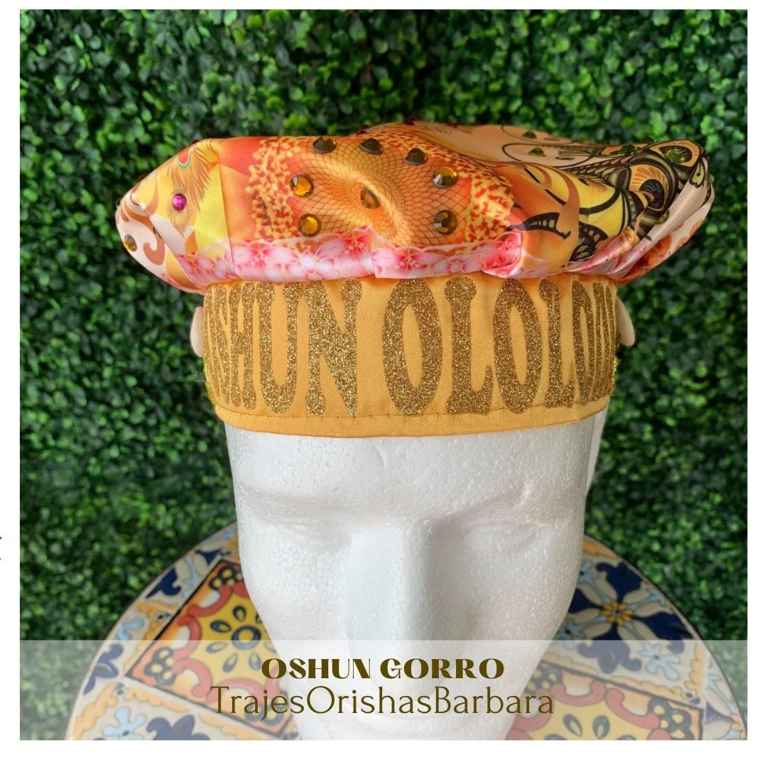 OSHUN Luxury/Gorros de Santo/Gorros Orisha/Accesorios para Santo: Gorros estampados por sublimación con dibujos y motivos propios ajustables