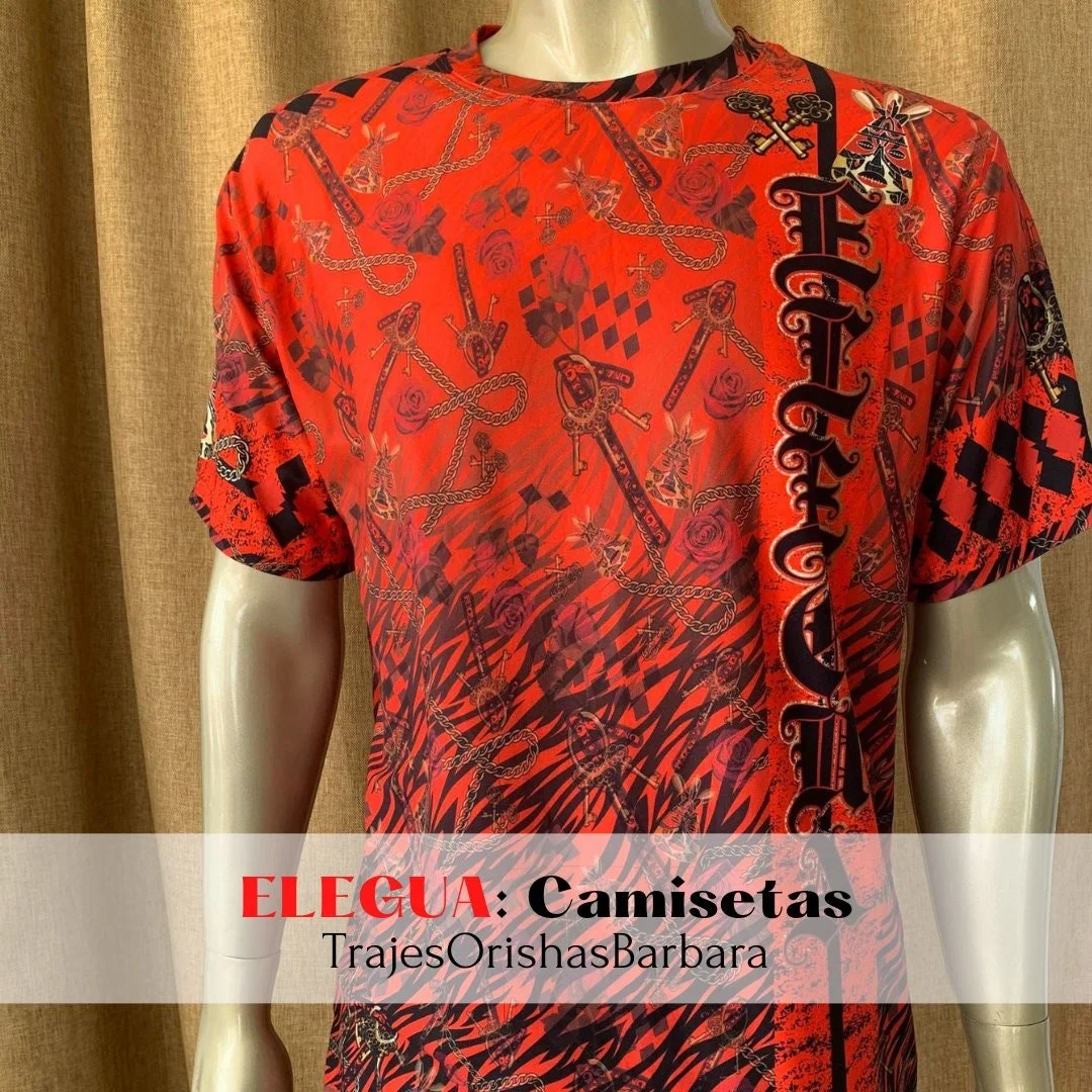 ELEGUA COLLAGE/Camiseta de hombre/Manga corta/Edo full print por sublimación/Composición 96 Poliéster, 4 Spandex/Tacto seda/Made in Miami
