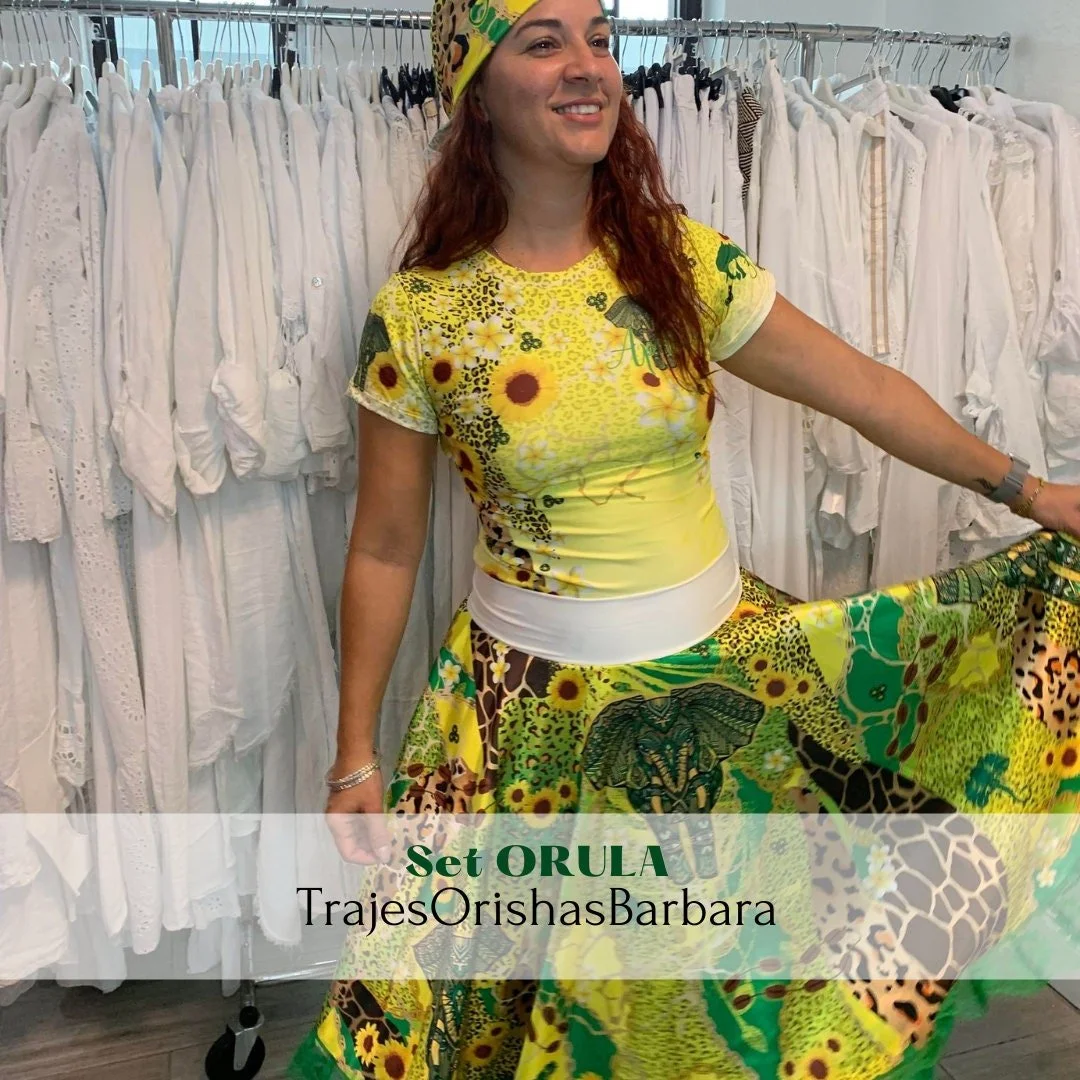 ORULA set APETEBI/Set : Apetebi/ Gorro & turbante, camiseta y saya en Edo "Full print"/Estampado por sublimación/Miami.