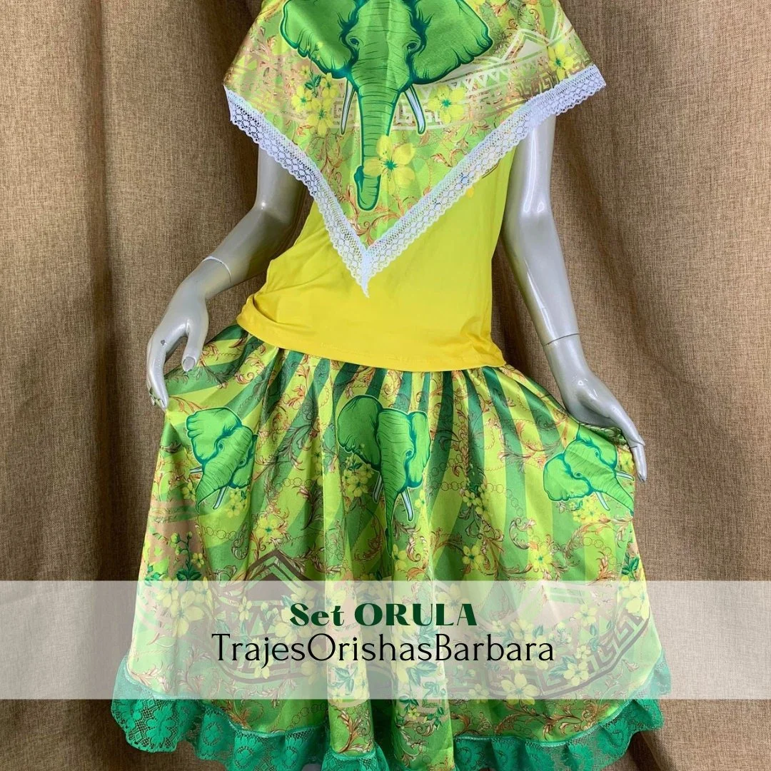 ORULA set IBOYA/Set : Apetebi/ Gorro & turbante, camiseta y saya en Edo "Full print"/Estampado por sublimación/Miami.