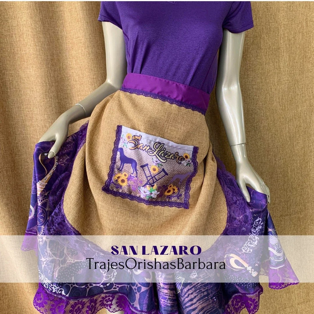 San Lázaro/Delantal para San Lázaro/Confeccionado en tela de yute/Forrado en algodón/Borde de encaje/Lazo para entallar/Bolsillo delantero