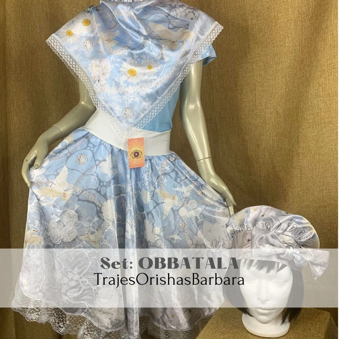 OBATALA set 2/Set Obatalá: Gorro & turbante, camiseta y saya en Edo "Full print"/Estampado por sublimación/Miami.