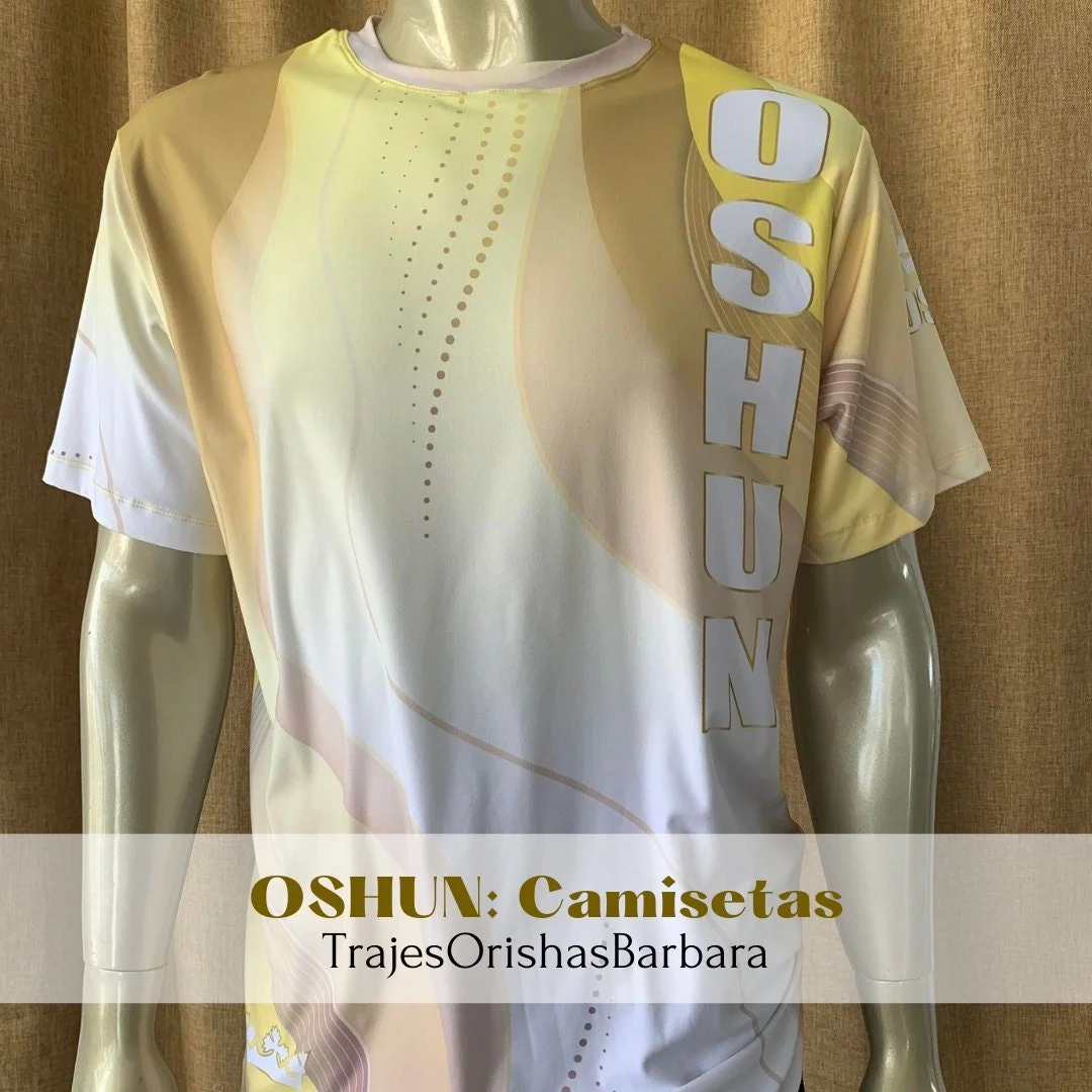 OSHUN DORADO/Camiseta de hombre/Manga corta/Edo full print por sublimación/Composición 96 Poliéster, 4 Spandex/Tacto seda/Made in Miami