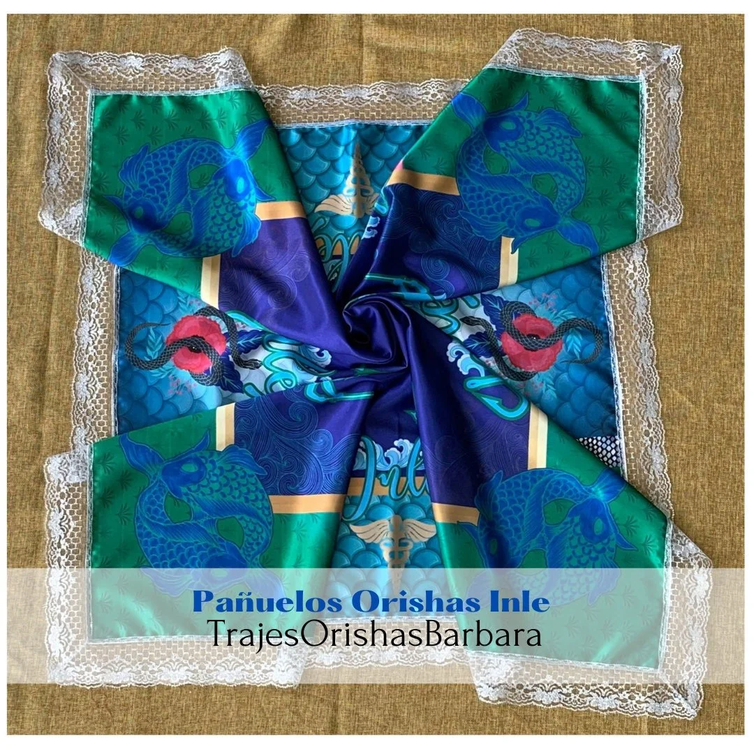 INLE pañuelo. Inle handkerchief/ Pañuelo de santo orisha yoruba. Tamaño 45 pulgadas por 45 pulgadas en satén estampado en sublimación.