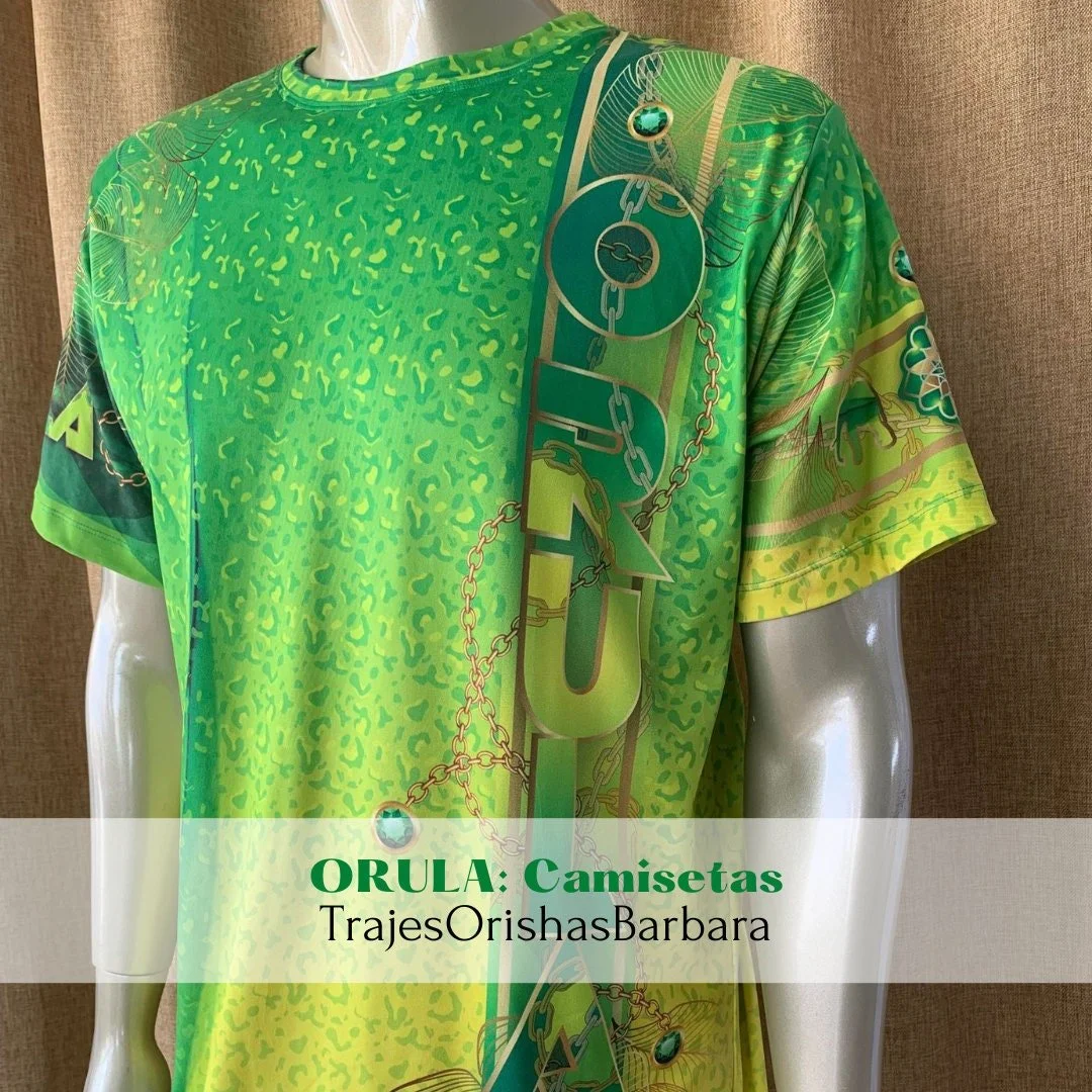 ORULA ORUNMILA/Camiseta de hombre/Manga corta/Edo full print por sublimación/Composición 96 Poliéster, 4 Spandex/Tacto seda/Made in Miami