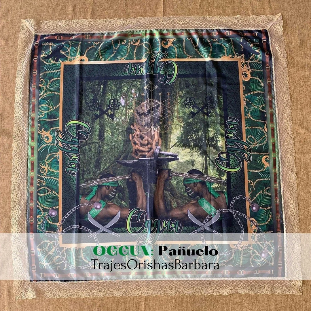 OGGUN Guerrero/Ogun pañuelo/Oggun handkerchief/Pañuelo Orisha/yoruba/Tamaño 45 por 45 pulgadas full print en satén estampado en sublimación.