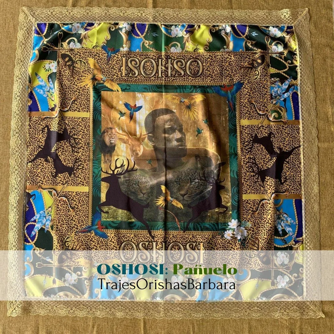 OSHOSI Orisha/Ochosi pañuelo/Oshossi handkerchief/Pañuelo/yoruba/Tamaño 45 por 45 pulgadas full print en satén estampado en sublimación.