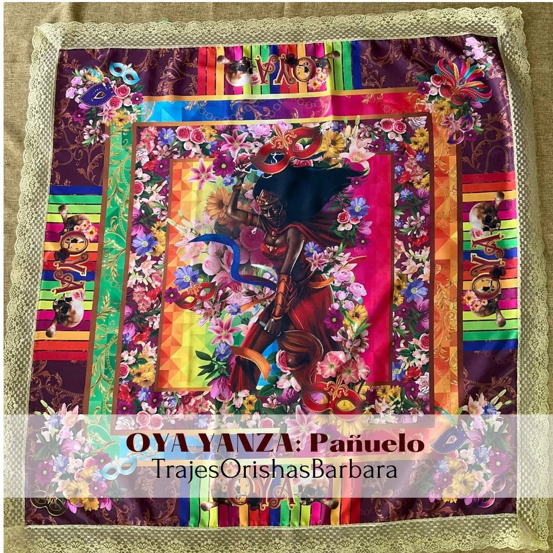 OYA YANZA Guerrera pañuelo/Oya handkerchief/Pañuelo Orisha/ yoruba/Tamaño 45 por 45 pulgadas full print en satén estampado en sublimación.