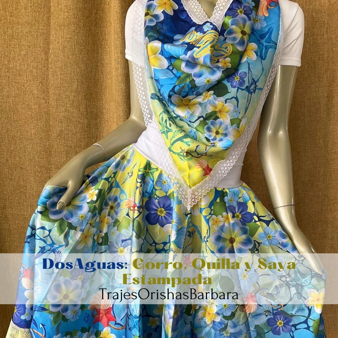 DOS AGUAS/Set Dos Aguas/Gorro, quilla y saya en Edo "Full print"/Estampado por sublimación/Miami.