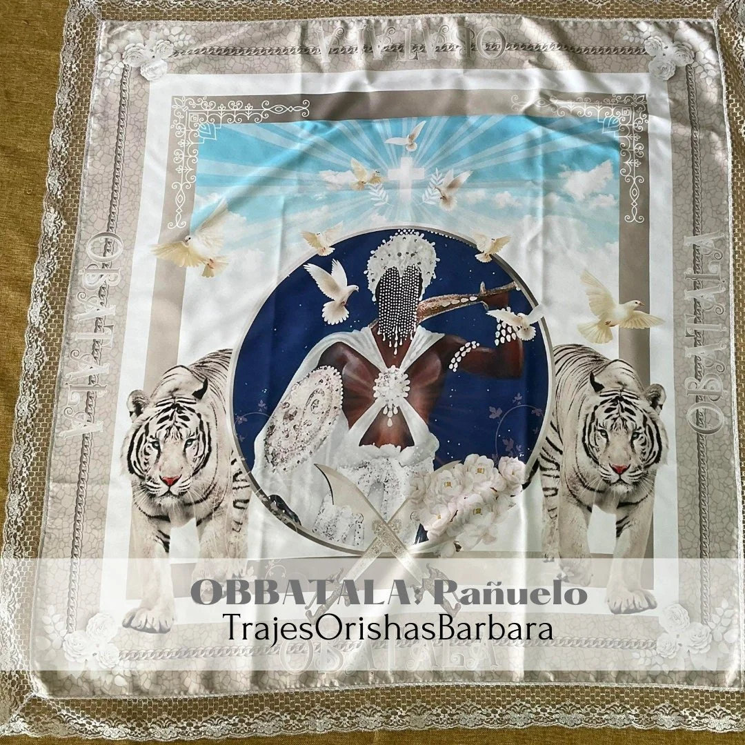 OBBATALA Tigres pañuelo/Obatala handkerchief/Pañuelo Orisha/Tamaño 45 por 45 pulgadas full print en satén estampado en sublimación.