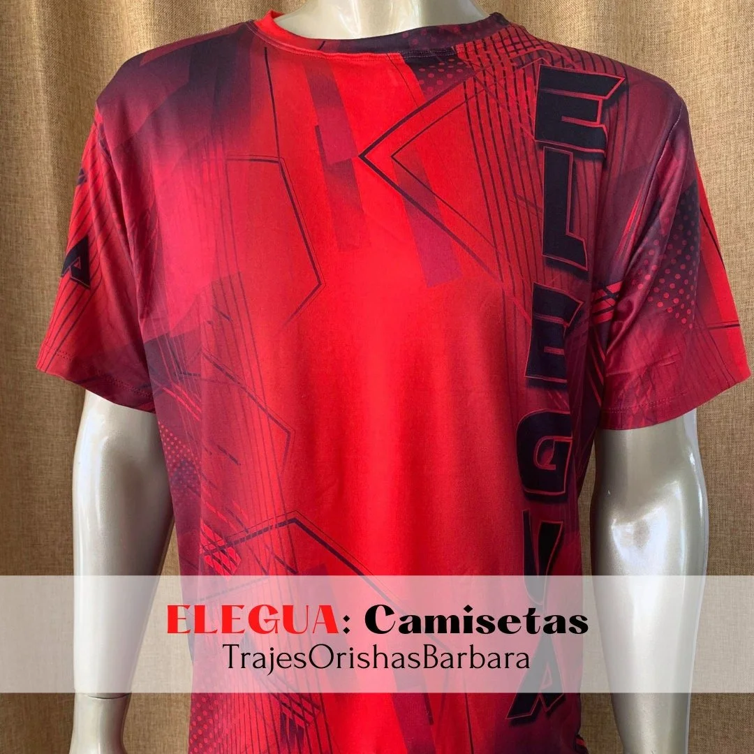 ELEGUA RojoNegro/Camiseta de hombre/Manga corta/Edo full print por sublimación/Composición 96 Poliéster, 4 Spandex/Tacto seda/Made in Miami