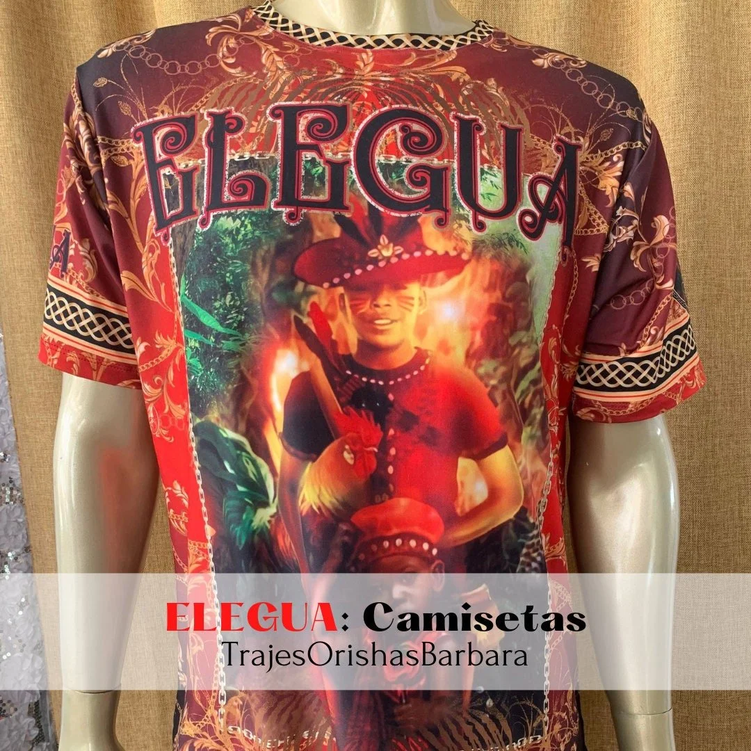 ELEGUA NIÑO/Camiseta de hombre/Manga corta/Estampado full print por sublimación/Composición 96 Poliéster, 4 Spandex/Tacto seda/Made in Miami