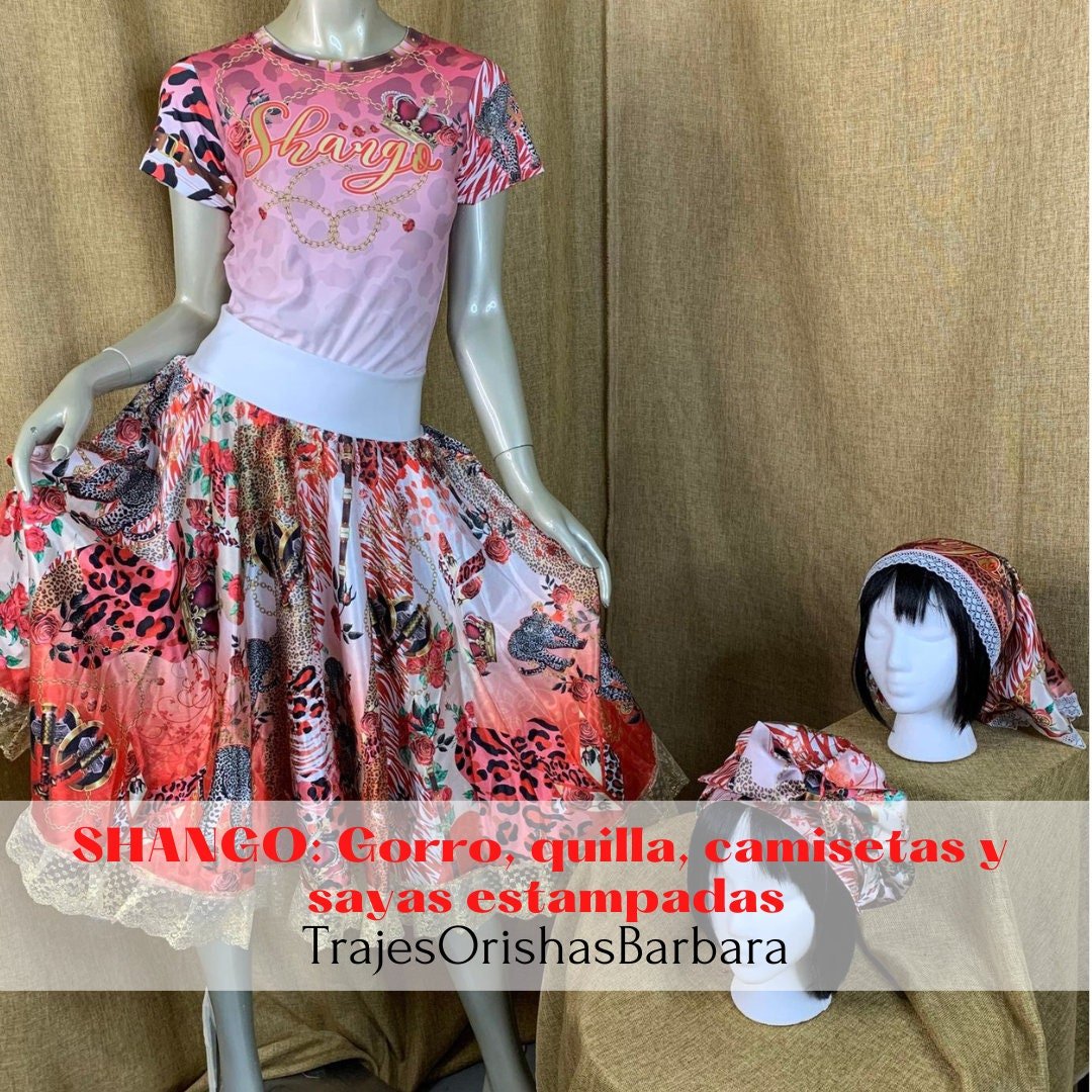 SHANGO/Set Shango/Gorro, quilla/pañuelo de cabeza, camiseta y sayas en Edo "Full print"/Estampado por sublimación/Miami.