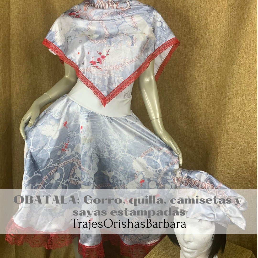 OBATALA Ayaguna /Set Obatalá Ayaguna: Gorro, quilla/pañuelo de cabeza, camiseta y sayas en Edo "Full print"/Estampado por sublimación/Miami.