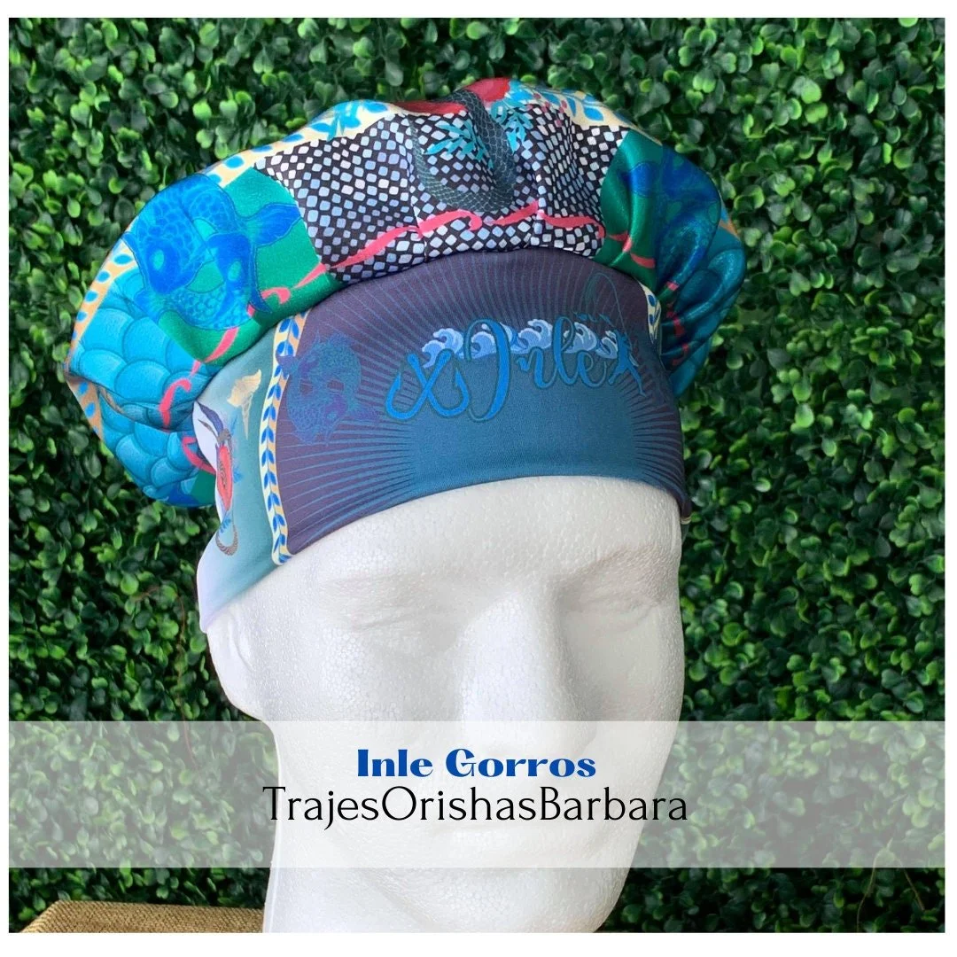 INLE/Gorros de Santo/Gorros Orisha/Accesorios para Santo: Gorros estampados por sublimación con dibujos y motivos propios ajustables
