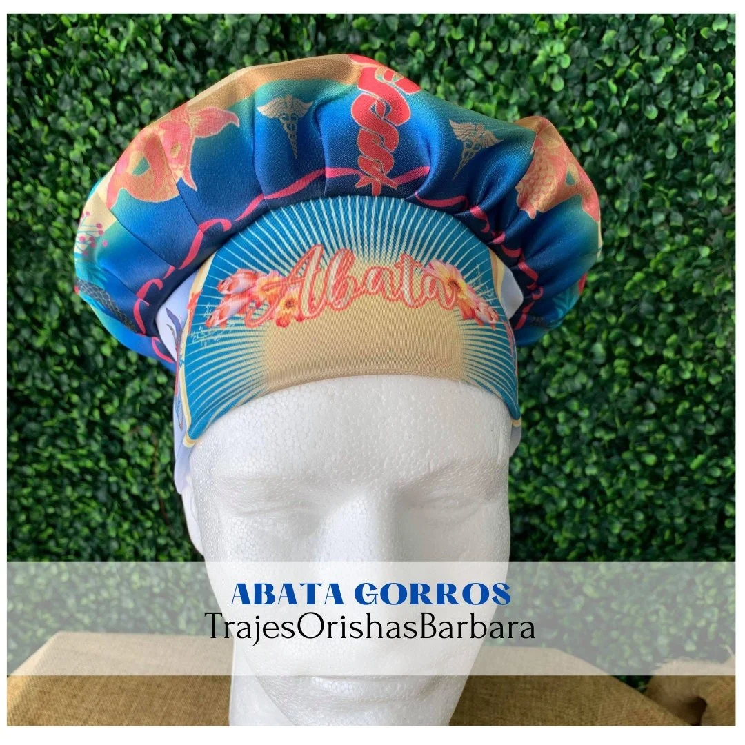 ABATA/Gorros de Santo/Gorros Orisha/Accesorios para Santo: Gorros estampados por sublimación con dibujos y motivos propios ajustables