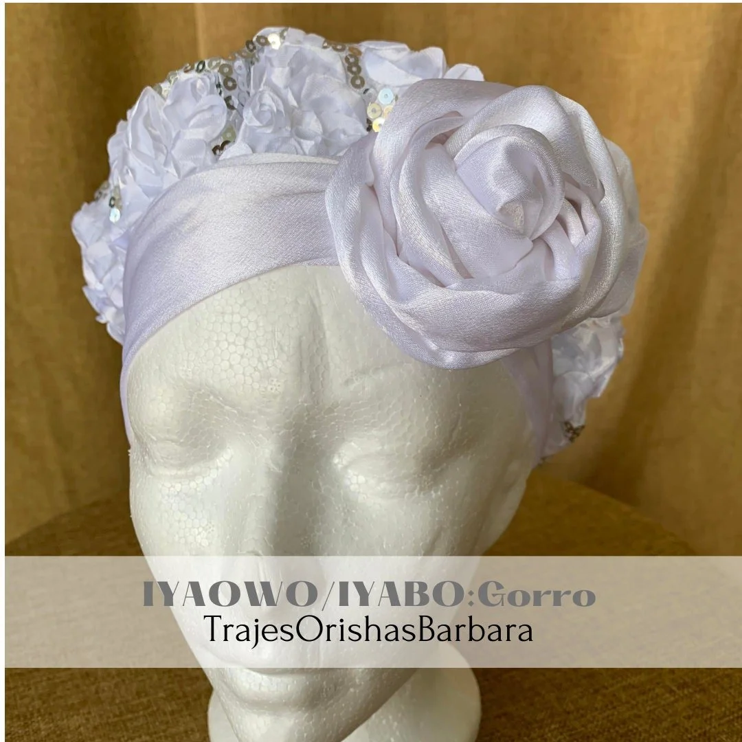 IYAWO/Gorro Turbante para IYABO/Gorro de mujer/ Ropa BLANCA/Satin Blanco bordado en lentejuelas/Ajustables