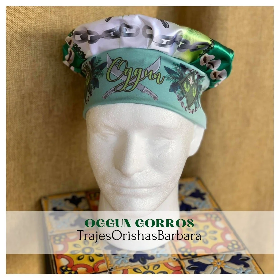 OGGUN/Gorros de Santo/Gorros Orisha/Accesorios para Santo: Gorros estampados por sublimación con dibujos y motivos propios ajustables