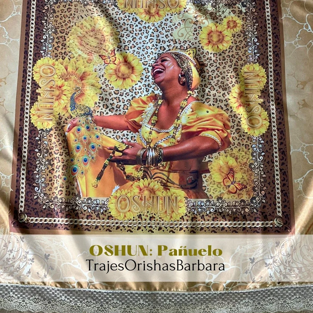 OSHUN BAILA pañuelo/Oshun handkerchief 45inx45in /Orisha/Yoruba/Tamaño 45 por 45 pulgadas full print en satén estampado en sublimación.