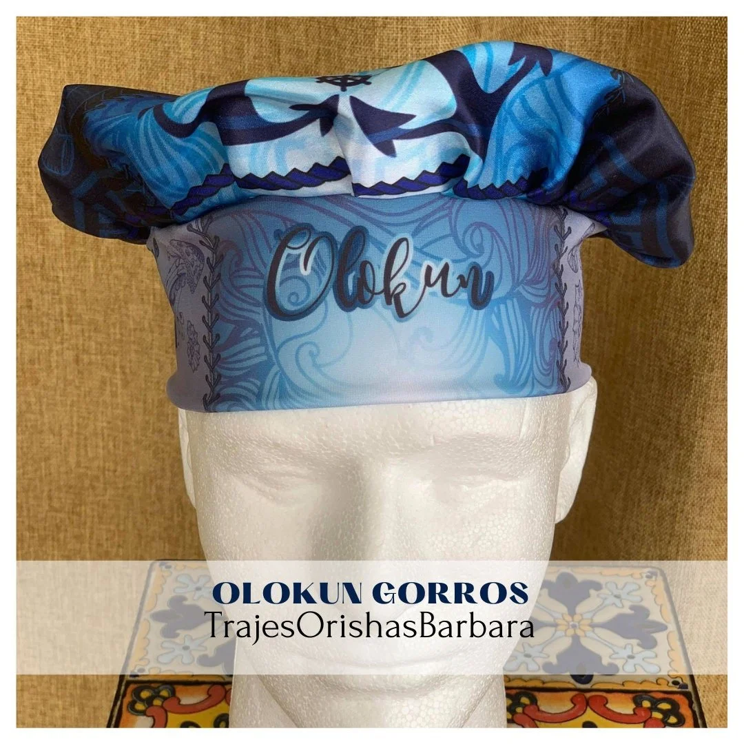 OLOKUN/Gorros de Santo/Gorros Orisha/Accesorios para Santo: Gorros estampados por sublimación con dibujos y motivos propios ajustables