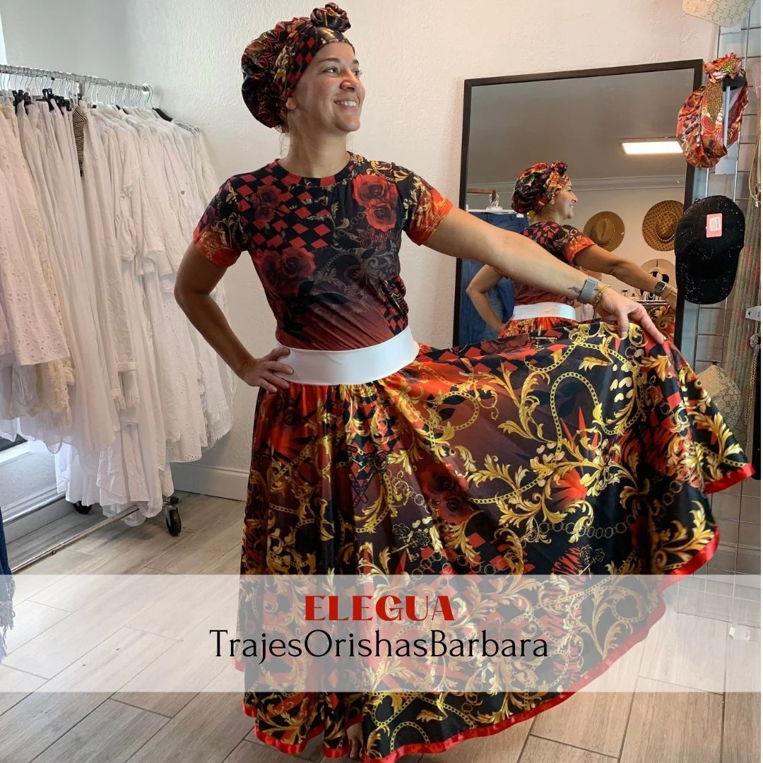 ELEGUA/ set/Set Elegguá/Gorro & turbante, camiseta y saya en Edo "Full print"/Estampado por sublimación/Miami.