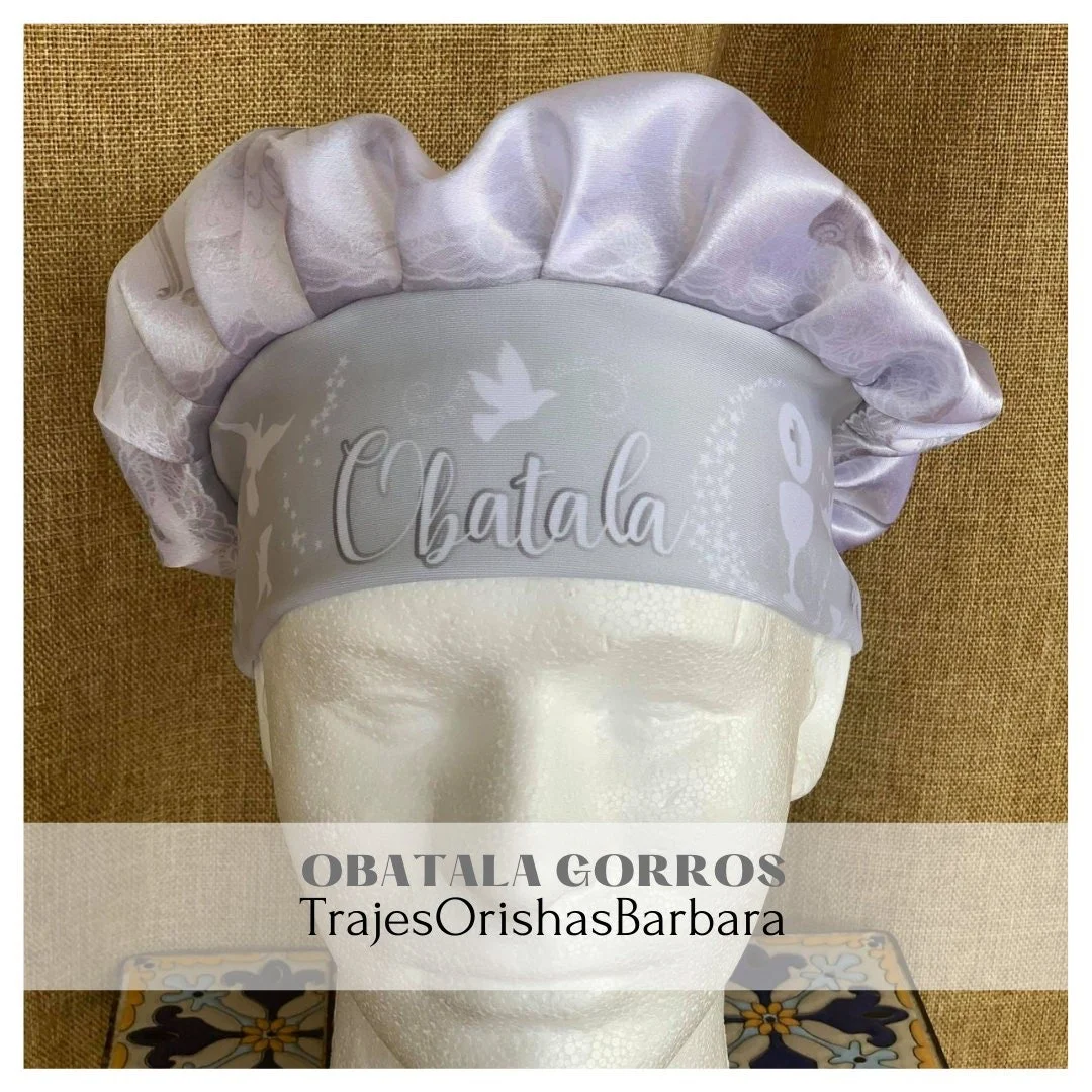 OBATALA/Gorros de Santo/Gorros Orisha/Accesorios para Santo: Gorros estampados por sublimación con dibujos y motivos propios ajustables