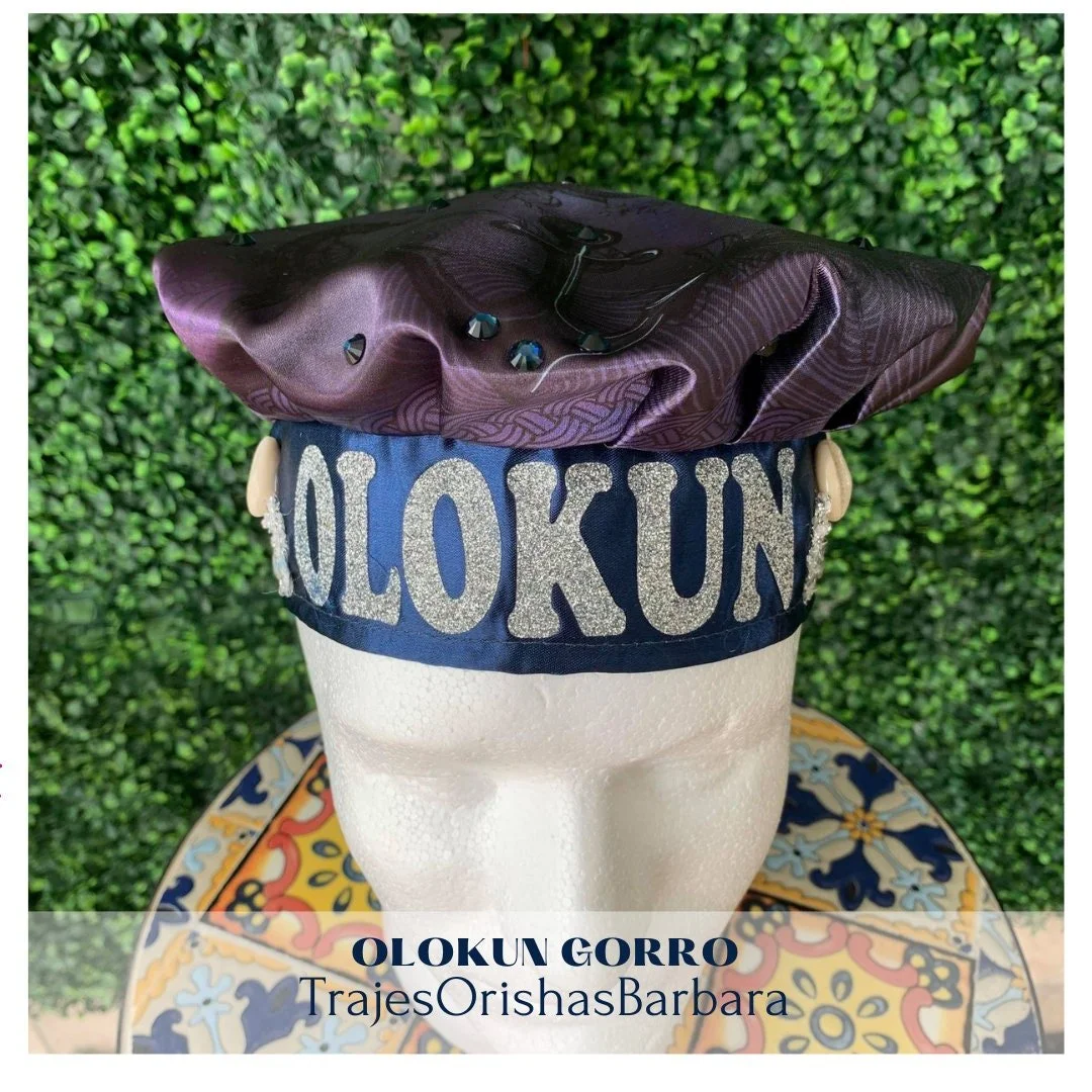 OLOKUN Luxury/Gorros de Santo/Gorros Orisha/Accesorios para Santo: Gorros edo por sublimación con dibujos y motivos propios ajustables