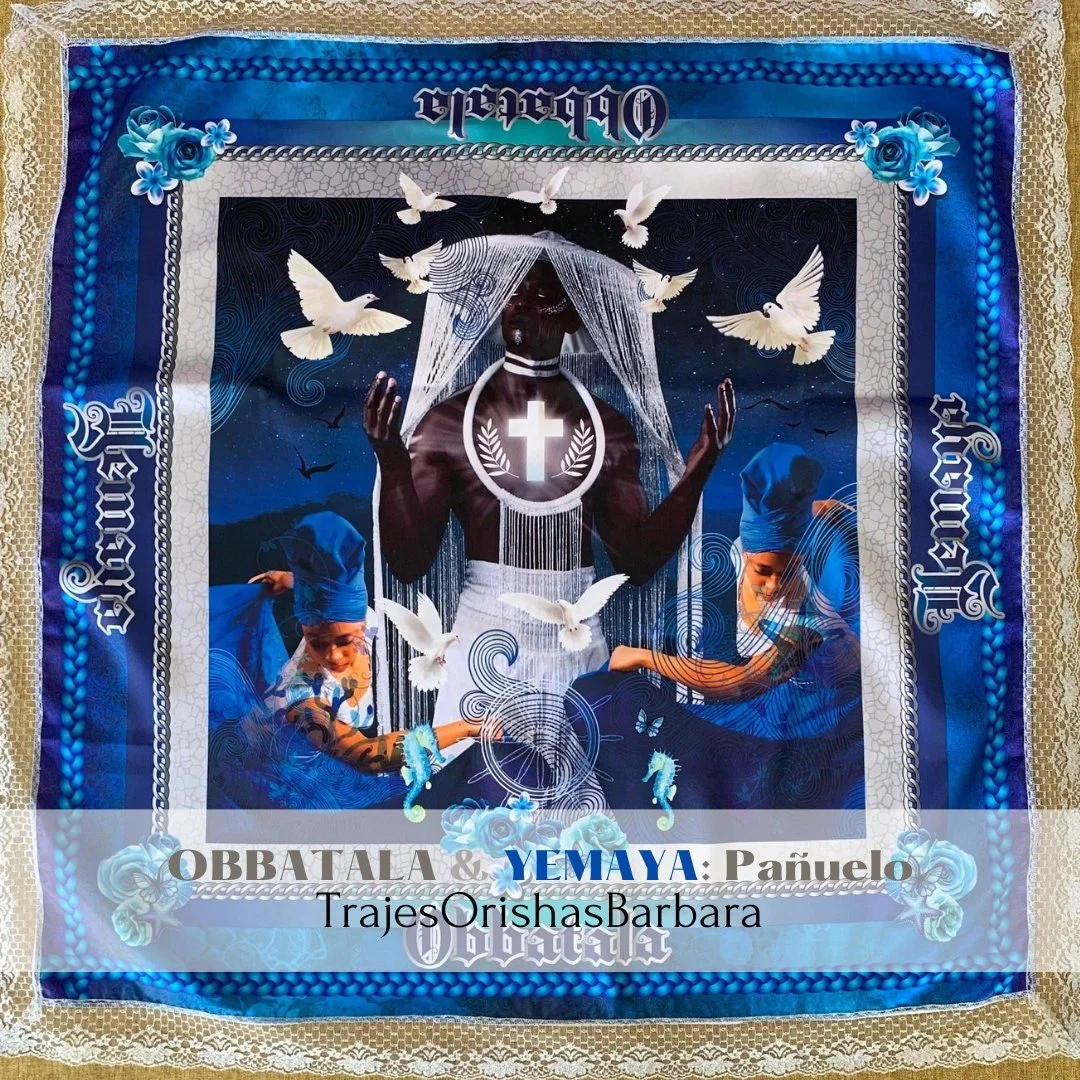 OBBATALA y YEMAYA pañuelo/Obatala y Yemaya handkerchief/Pañuelo/Tamaño 45 x 45 pulgadas full print en satén estampado en sublimación.